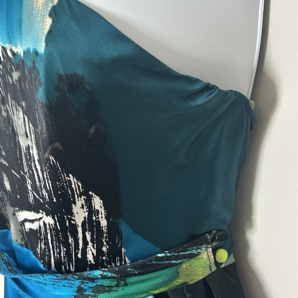 Black Halo Cocktail Dress Size 4 Silk Abstract One Shoulder Ruched Blue Black - Picture 4 of 11